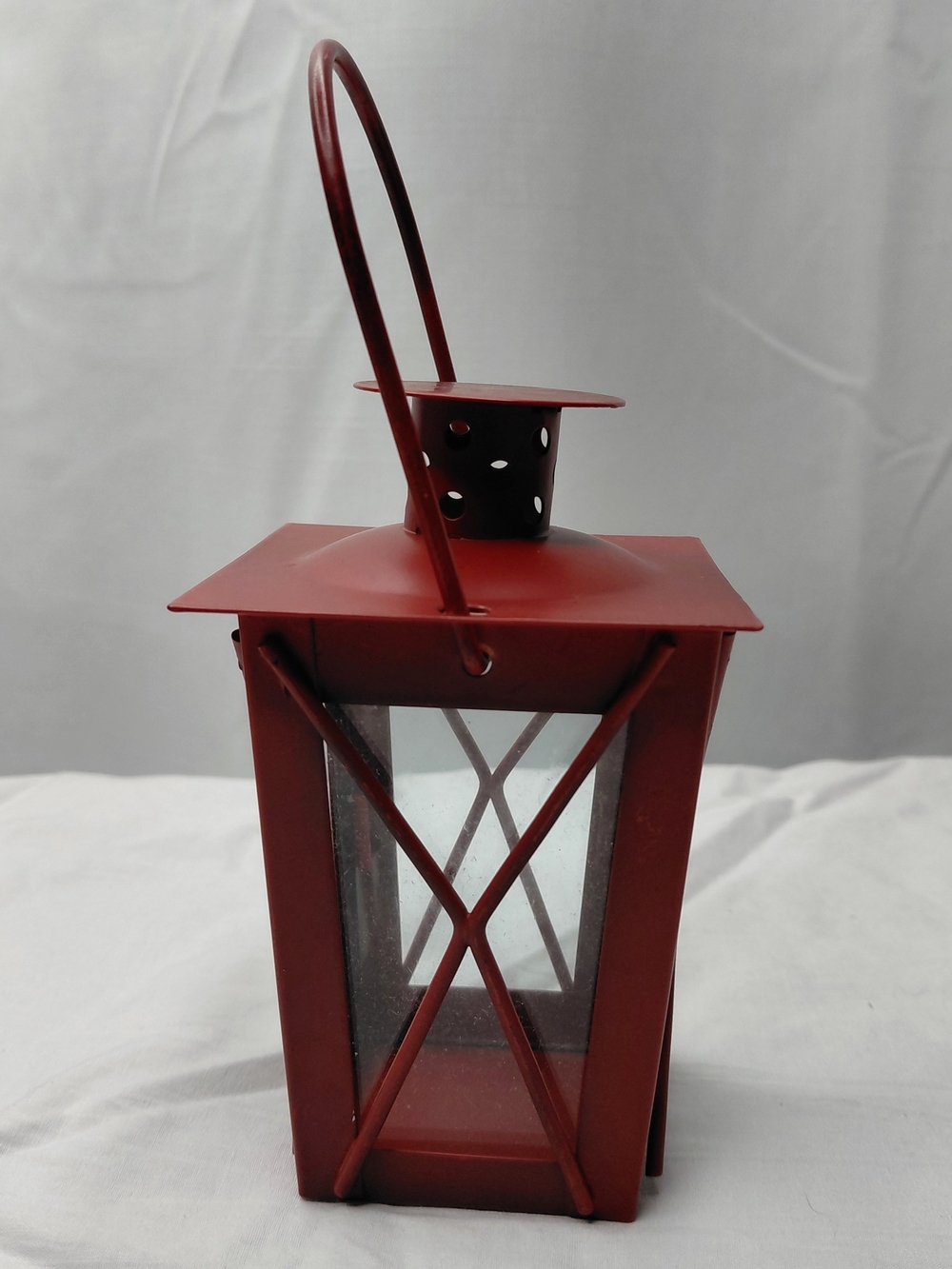 Mini Red Metal Lantern Decorative Tealight Candle Holder Glass On Two Sides
